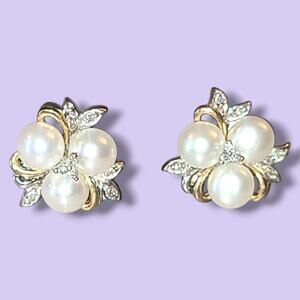14k Gold & 925 Sterling Silver Freshwater‎ Pearls & Tiny Diamonds Stud Earrings